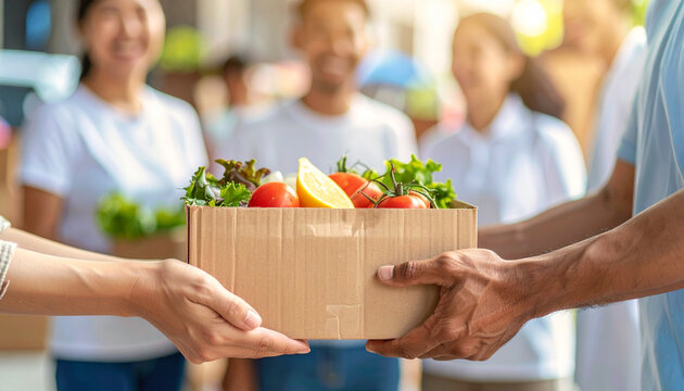 Hands exchanging fresh food donation box with vegetables, fruits, and greens in urban community center, people in background smiling, concept of charity and support