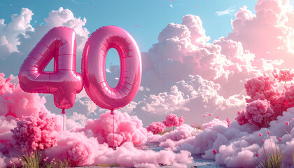 Fototapeta premium Pink number balloon cloud sky outdoor celebration anniversary birthday festive dreamy landscape create joyful scene with spacious copy space