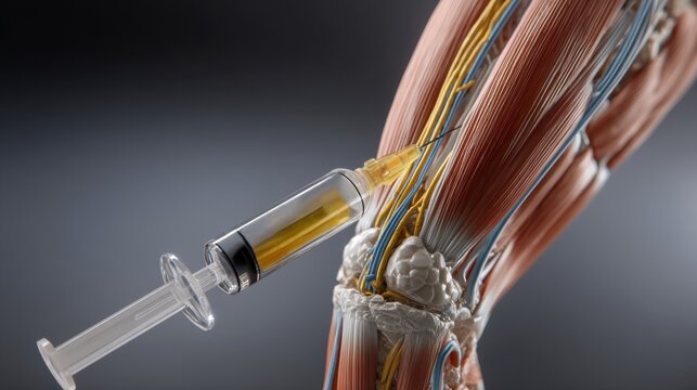 Nurse demonstrates injection technique on clinical model of human arm's muscles and nerves