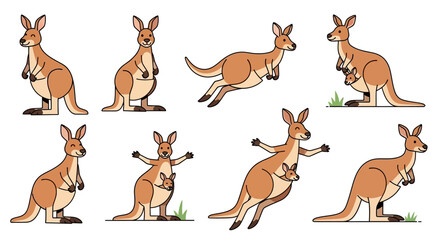Collection of cute cartoon kangaroos in various poses with joeys © Putiagna