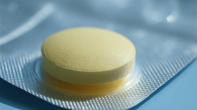 Macro shot of levothyroxine tablet blister on matte foil surface under bright light