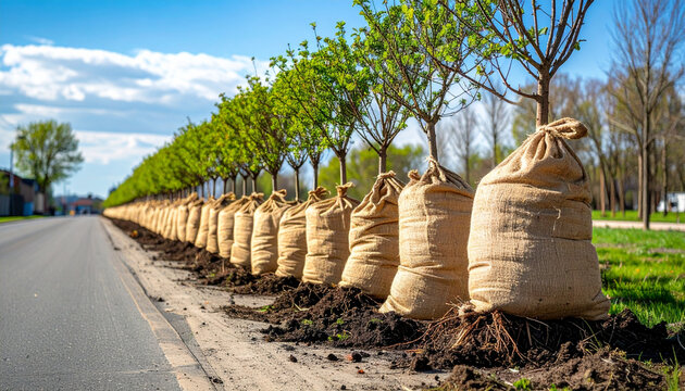 Row tree burlap bare root roadside urban planting spring green landscape Young green trees with bare roots wrapped burlap line urban roadside ready for planting creating hopeful and vibrant spring