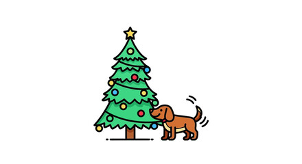 Fototapeta premium Cute cartoon dog wagging its tail next to a decorated Christmas tree, vector illustration