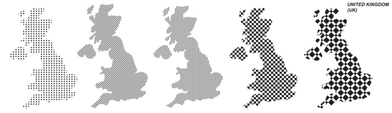 UK map silhouette vector, isolated country outline graphic set, 5 black design templates with dots stripes and checkered patterns, geometric abstract digital layout element