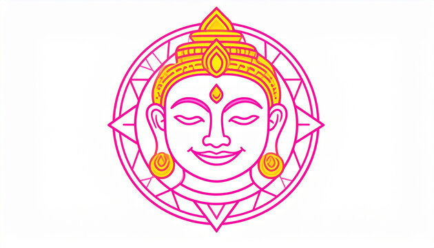 Symmetrical Buddha face vibrant neon pink and yellow smiling expression temple stone face geometric mandala background spiritual peaceful decorative art