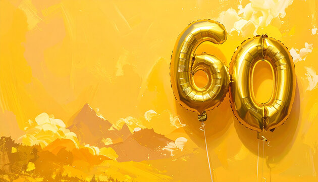 Golden balloon number celebration anniversary party vibrant yellow festive copy space cheerful. Golden number balloon for 60th celebration with vibrant yellow background and spacious copy space