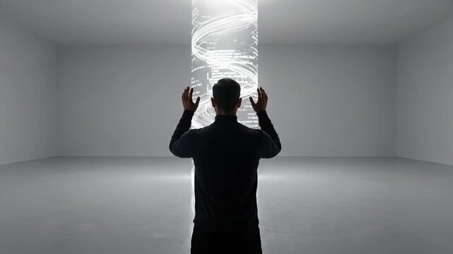 In a sleek, futuristic white space, a man silhouetted from behind interacts with a vertical beam of glowing data. He gestures towards the light as if controlling a complex digital interface.