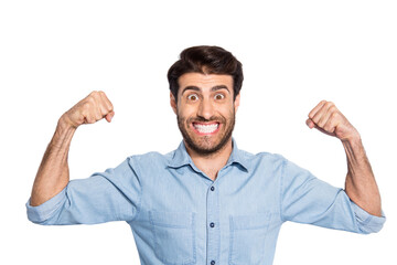 Fototapeta premium Sport is my life! Photo of amazing handsome guy raising arm showing perfect biceps wear casual denim shirt isolated white color background