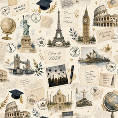 Obraz premium Graduation Around the World Travel Scrapbook Collage with Global Landmarks