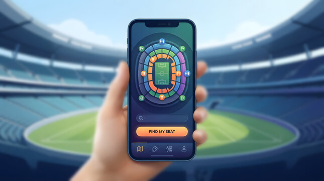 Close up hand holding smartphone with stadium navigation app in arena