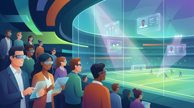 Wide angle view of people using AR devices in a modern sports stadium