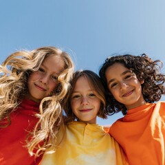 Fototapeta premium Group of smiling children outdoors in orange and yellow shirts candid portrait for banner background poster and lifestyle design