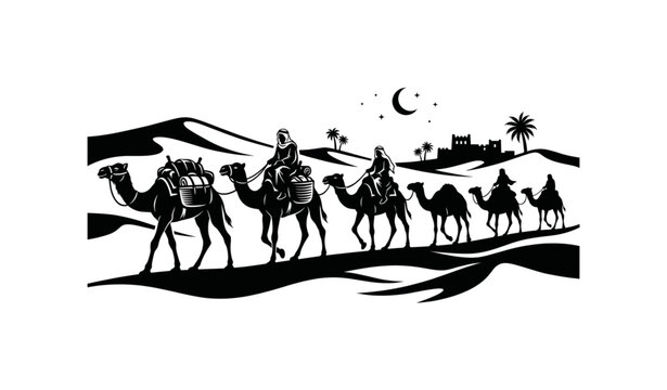 Caravan camel silhouette vector illustration with desert travel and nomadic landscape scene