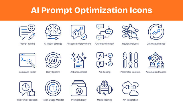 AI Prompt Optimization Icons Set, Smart Automation Workflow Vectors