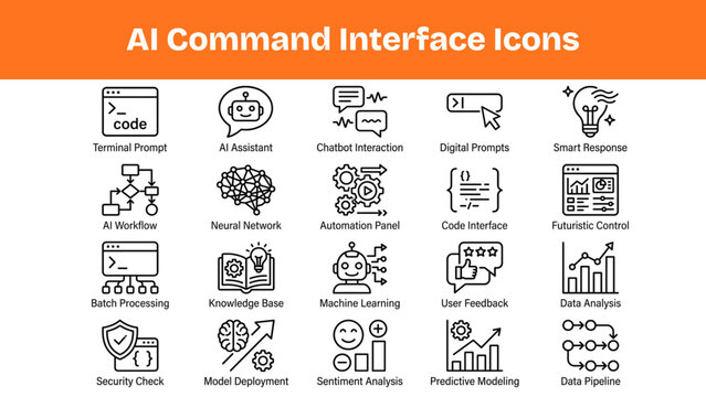 AI Command Interface Icons, Futuristic Chatbot Dashboard Vector Pack