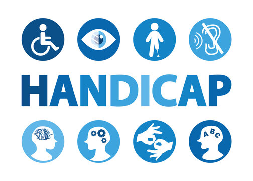 Handicap. Invalidit&eacute;. Handicaps visibles et invisibles. Illustration dessin&eacute;e &agrave; la main avec lettres en majuscules et pictogrammes bleus. Mot en fran&ccedil;ais.
