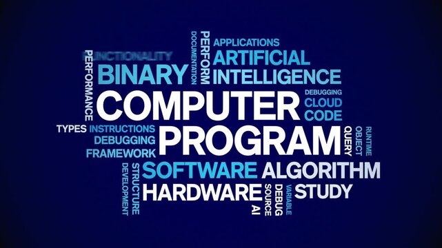 Computer Program animated word cloud-text design animation tag kinetic typography seamless loop.
