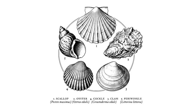 Shellfish Illustration of Scallop Oyster Cockle Clam and Periwinkle Labeled Vintage Engraving Style Featuring Sea Shell, Marine Animal, Ocean Food