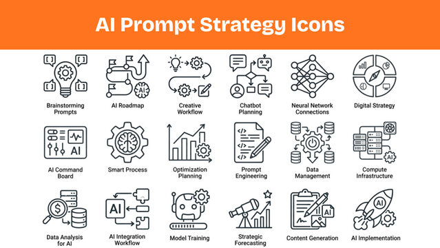 AI Prompt Strategy Icons Collection, Smart Planning Workflow Vectors