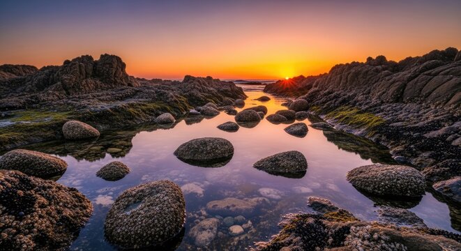 Sunset over rocky tide pools on a coastal shore