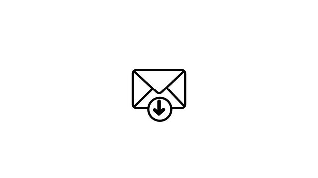 Black outline icon of an open envelope with a download arrow inside a circle on a white background mail