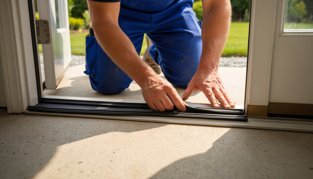 Close-up of professional repairman in blue uniform installing black rubber insulation seal on a door threshold during home renovation, ensuring energy efficiency and weatherproofing