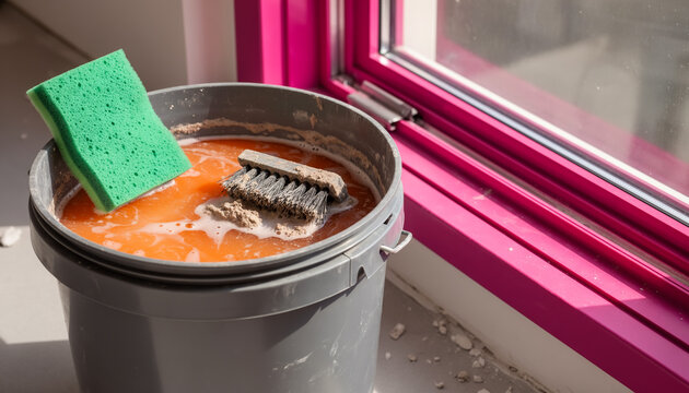 Detailed close-up of a plastic cleaning bucket filled with orange soapy water, green sponge, and scrub brush sitting next to a freshly painted bright pink window frame interior