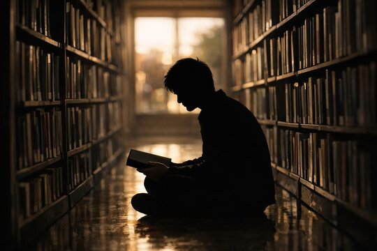 A person sitting in a library, engrossed in a book