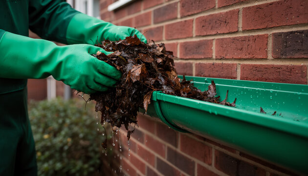 Close-up of hands wearing green protective rubber gloves cleaning wet autumn leaves out of a green plastic roof gutter pipe drainage system on a red brick house wall outdoor