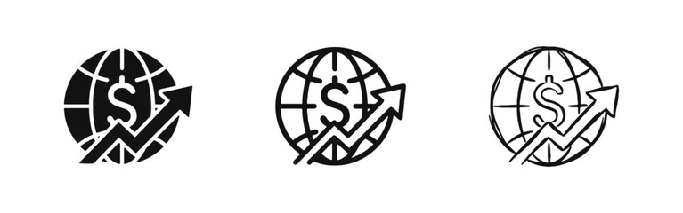 Global economy growth icon set with world globe and rising arrow © drawing lines