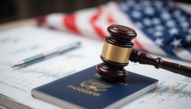 Gavel on a u.s. passport, american flag, and legal documents