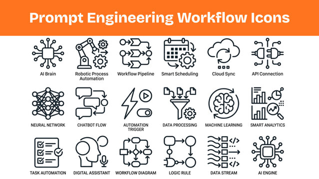 Prompt Engineering Workflow Icons Set, AI Prompt Icons, Chatbot Automation Vector Pack