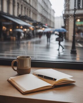Notebook and hot coffee by rainy cafe window, cozy journaling concept
