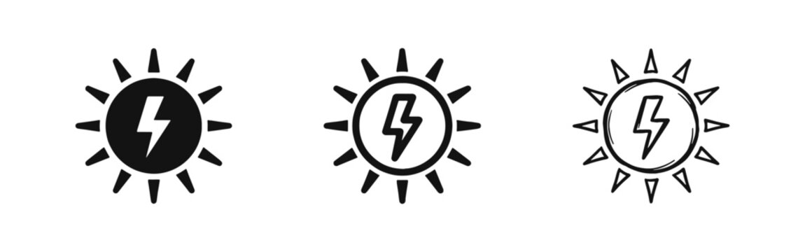 Solar energy icon set with sun and lightning bolt for renewable power