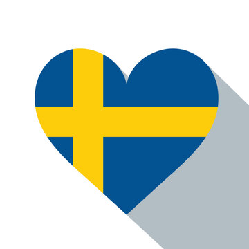 Sweden flag in a heart shape with long shadow. Swedish national love symbol vector icon isolated on white background.