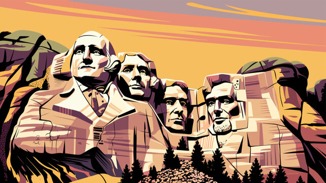 Stylized illustration of Mount Rushmore featuring the carved faces of four US presidents against a vibrant sunset sky, showcasing a national landmark.