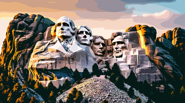 Mount Rushmore National Memorial at sunrise, showcasing the carved faces of four U.S. presidents amidst a scenic mountain landscape with trees.