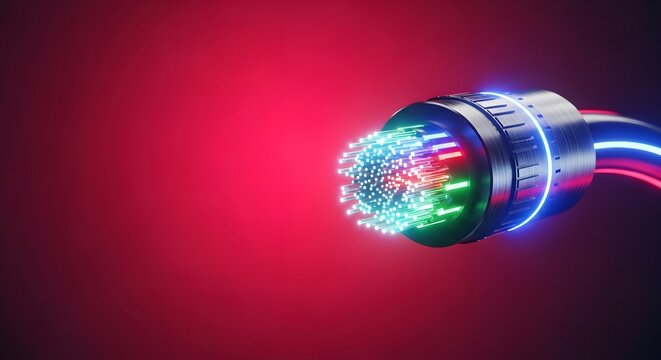 Colorful glowing fiber optic cable end emitting bright light