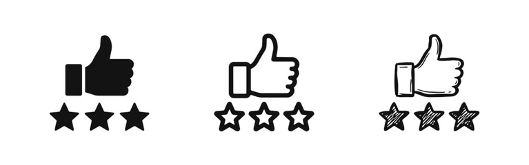 Thumbs up rating icon set with stars in three styles for customer feedback and satisfaction review © drawing lines