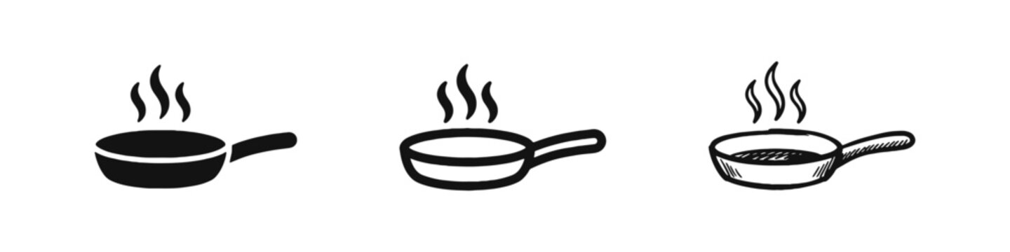 Hot frying pan icon set with steam in solid, line art, and hand-drawn styles for cooking and kitchen
