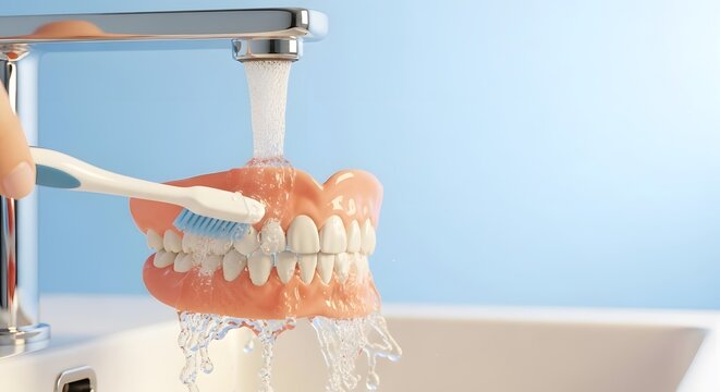 Artificial teeth model being cleaned under a running water faucet