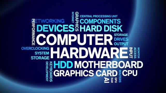 Computer Hardware animated word cloud-text design animation tag kinetic typography seamless loop.