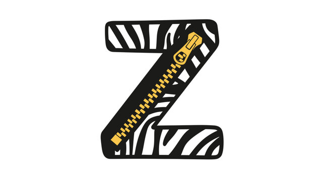 Zebra print letter Z illustration with zipper detail, isolated on white background, for design