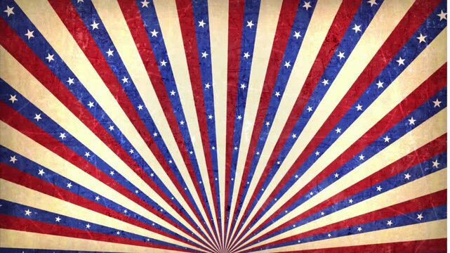Vibrant motion graphic of red, blue, and beige sunburst pattern with white stars radiating from center, symbolizing celebration in America, USA