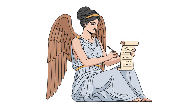 Winged Female Figure Writing on Scroll Illustration with Quill Pen Isolated for Design and Education