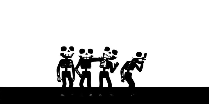 Skeletons Group Standing Together with One Holding a Camera Featuring Black, White, Illustration with Graphic and Art Elements for Spooky, Halloween