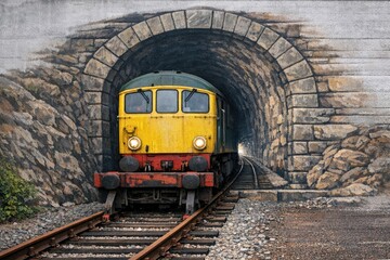 Obraz premium A train emerges from a dark tunnel into a bright day