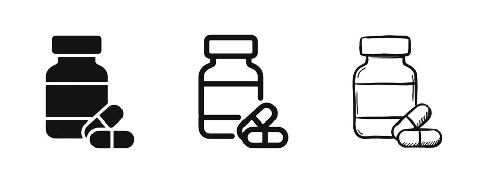 Medicine pill bottle icon set with capsules in solid, outline, and hand-drawn styles