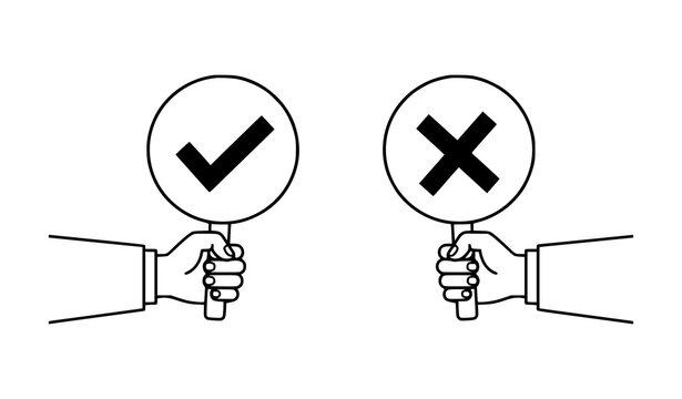 Black and white hands with check and cross symbols isolated feedback icon vector set