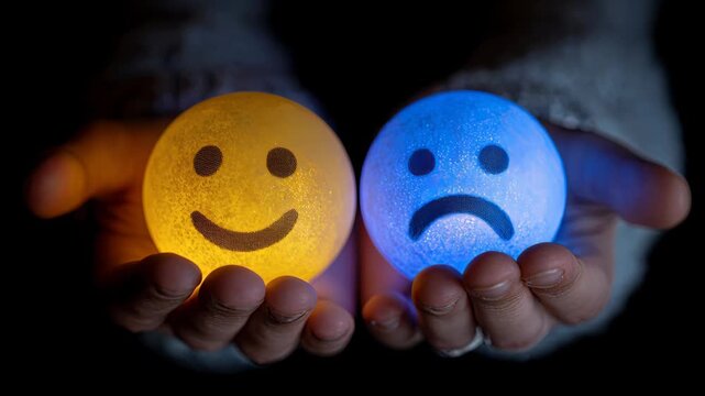 Glowing Happy and Sad Spheres Lighting Hands in Dark Closeup